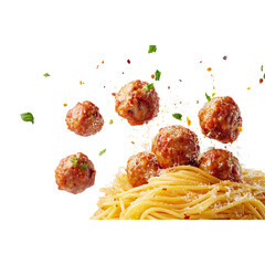 Photographs of meatballs and spaghetti flying in the air, isolated on a white background, a delicious food photoshoot with splashes of tomato sauce