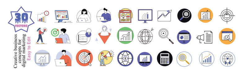 PPC Icon set in various activities concept of Google Ads expert, paid search advertising, PPC campaign optimization, Facebook Ads management, pay-per-click marketing, Bing Ads specialist, PPC strategy