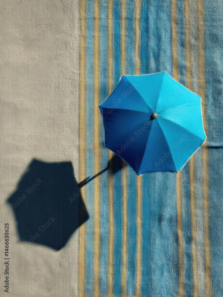 Poster bright beach umbrella casting a shadow on a striped towel during a sunny day at the shore generative