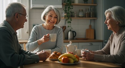 Happy senior couple enjoying morning tea and breakfast together in their cozy kitchen