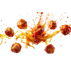 Photographs of meatballs and spaghetti flying in the air, isolated on a white background, a delicious food photoshoot with splashes of tomato sauce