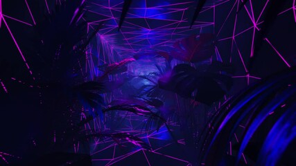 Purple and blue neon lights in a dark jungle with palm trees. Loop animation - Powered by Adobe