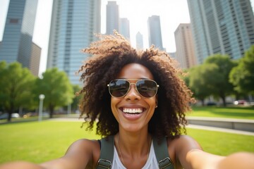 A joyful Black woman taking a selfie in a sunny city park with tall buildings and green trees behind her. She wears sunglasses and a bright smile