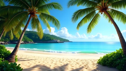 Tropical paradise beach with coconut palm trees, white sand, and turquoise sea under a summer sky
