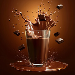 A brown chocolate splash in a glass of white milk complements a hot cup of coffee, a sweet dessert beverage