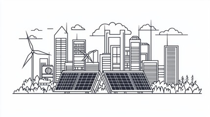 Modern city skyline with renewable energy sources.