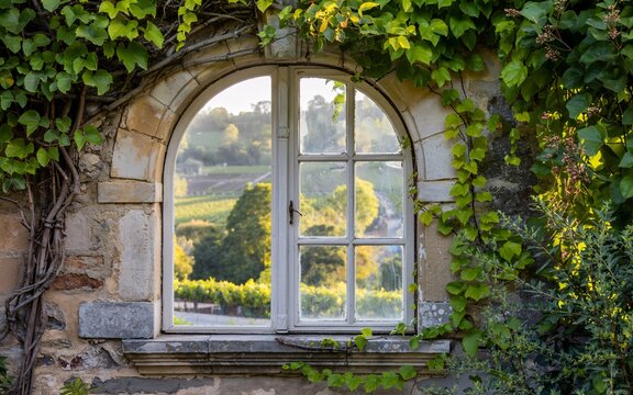 Fototapeta autumn, Loire Valley, France, Vineyard view through arched stone window