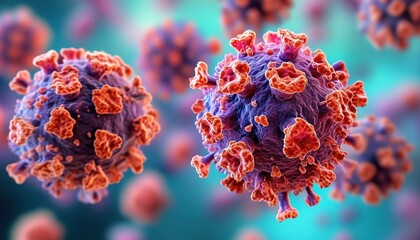 3D microscopic visualization of viral particles with spike proteins, background for healthcare and science themes