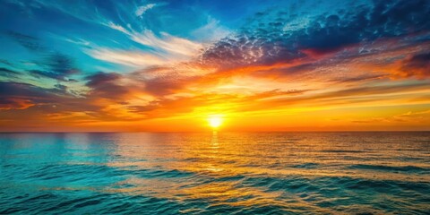 Fototapeta premium Sunset over ocean with vibrant gradient of orange and turquoise hues, vibrant, ocean views, vibrant, ocean views