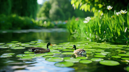 Serene pond scene featuring two ducks swimming among vibrant lily pads and lush greenery, evoking sense of tranquility and nature beauty