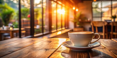 Warmly lit coffee cup on wooden table in a cozy cafe background