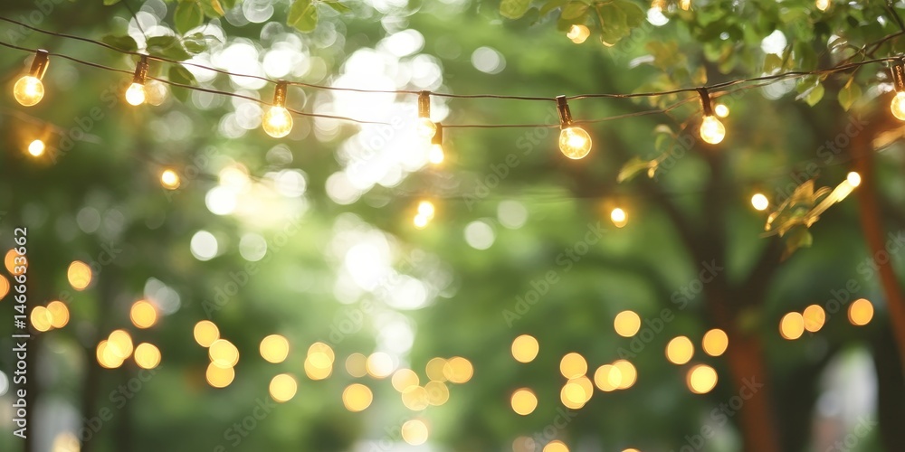 Aufkleber abstract green foliage with delicate string lights and sunny bokeh for festive background