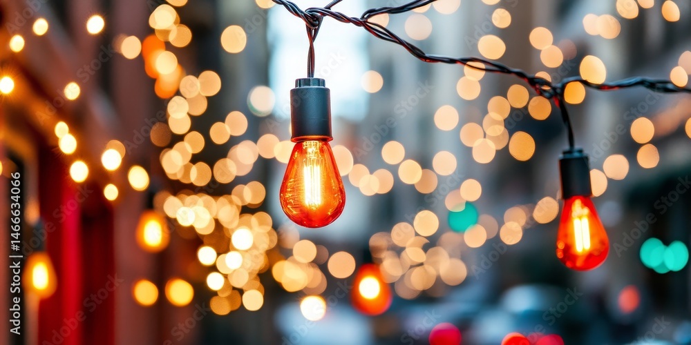 Poster warm string lights glowing in a festive outdoor setting, creating a magical bokeh effect.