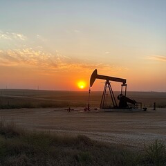 Naklejka premium Industrial working oil pump on crude oil field at sunset