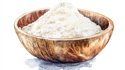 Flour in a wooden bowl with baking ingredients for dough preparation watercolor illustration