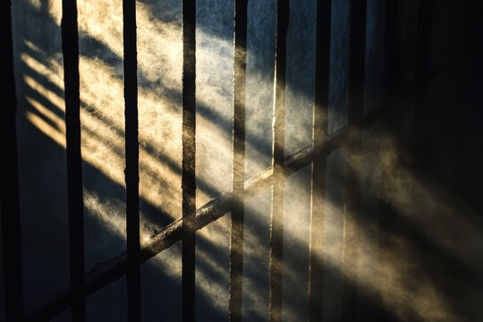 Intriguing shadows cast through aged metal bars.