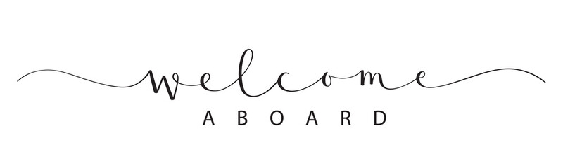 WELCOME ABOARD black calligraphy banner on transparent background