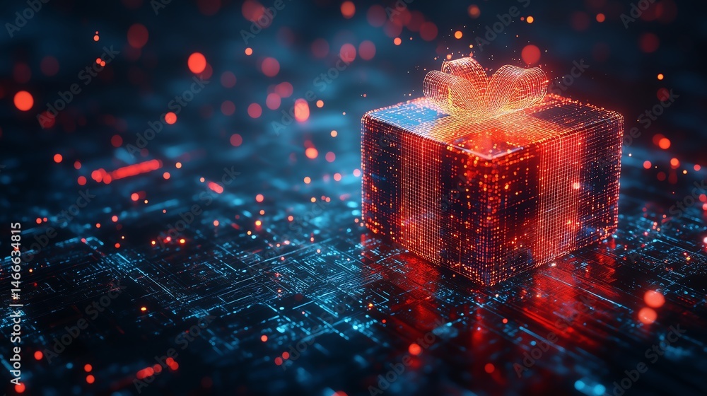 Poster 3d digital gift box icon on futuristic tech background - sleek rendering with copy space for digital