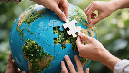 Hands putting puzzle pieces together creating a vibrant earth representing environmental conservation and global collaboration