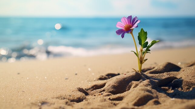 Flower growing in sand on beach near seawater, renewal concept