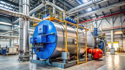 Fototapeta premium High-power industrial gas boiler with natural gas burner in a large plant room filled with machinery and pipes, industrial facility, industrial equipment