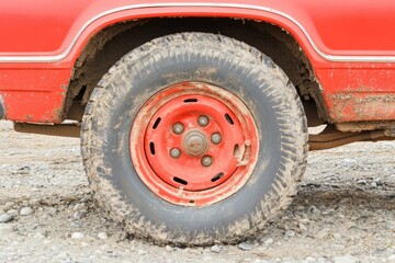 Rugged Red Truck's Tire Ready to Take on Any Off-Road Adventure