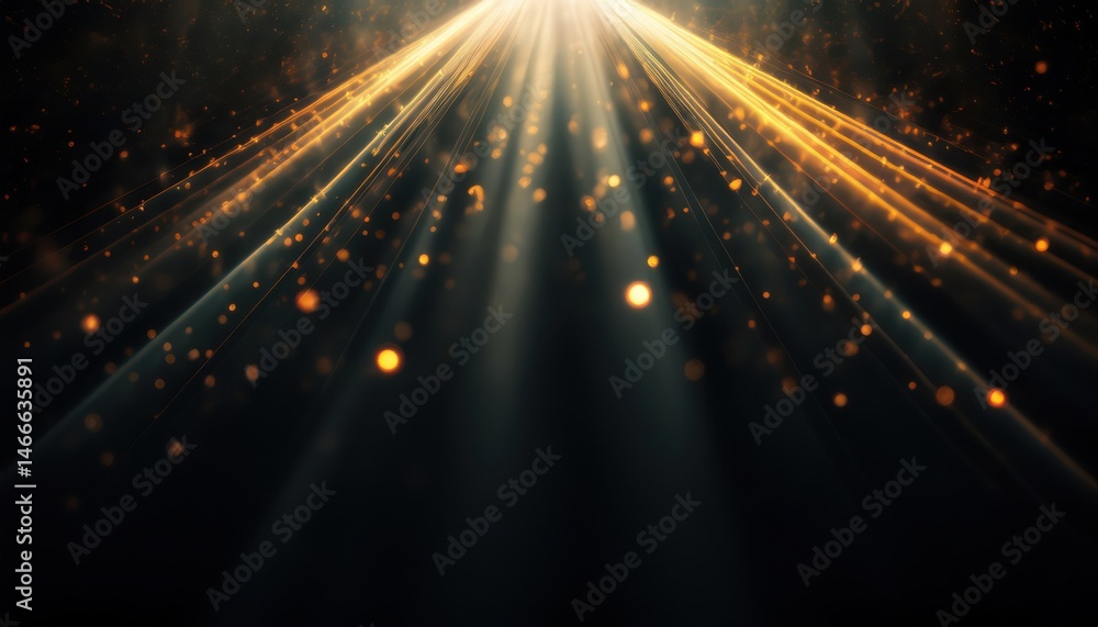 Aufkleber golden light rays with glowing dust particles on dark background for web design, poster, branding or