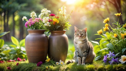 A serene cat memorial with a ceramic urn surrounded by lush greenery and vibrant flowers, symbolizing eternal remembrance and peaceful coexistence, animal, garden