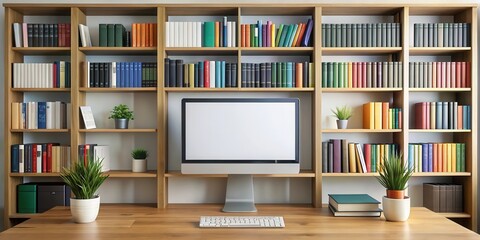 A modern bookshelf with a sleek monitor and various books on it , organized, digital device