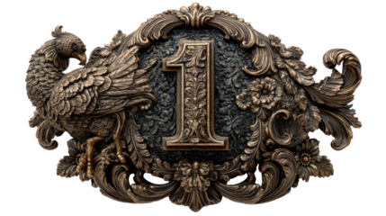 Elegant "1" with Peacock Decor: An artistic, bronze-toned emblem of the number "1," intricately framed with a peacock motif, radiating opulence and sophistication.