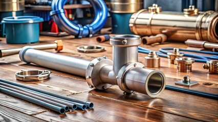 Paralon pipe installation on a water pump in a workshop environment with tools and materials scattered around