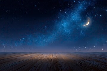 Night Sky with Crescent Moon Over Wood Floor