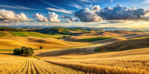 Obraz premium Panoramic view of rolling hills and vast fields of wheat , crop field, valley, crop field, valley, landscape