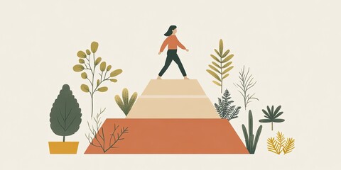 Pathway to Growth Woman Climbing Hill with Nature Minimalistic Art.