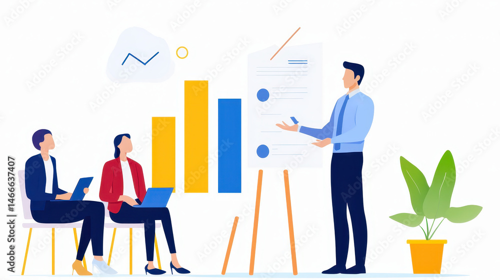 Poster business presentation with charts and graphs, showcasing teamwork and analysis in modern office sett