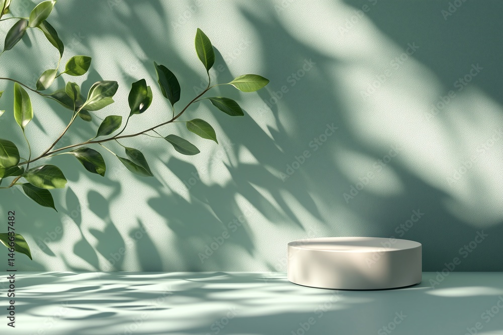 Aufkleber minimal product podium with leaf shadows on sage backdrop - elegant display and natural light photog