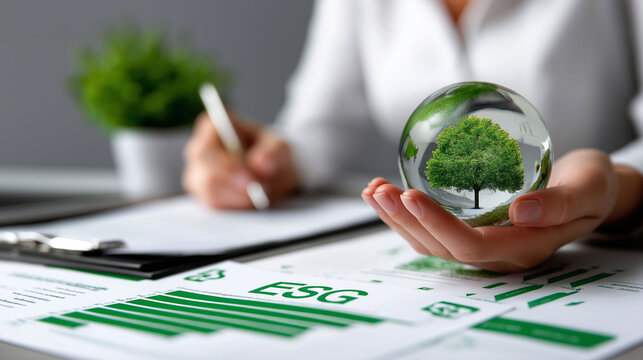 ESG environment stakeholders. Social regulations. Sustainability climate action. Green investment regulations. Carbon footprint reporting. Financial advisor presenting green investment p...