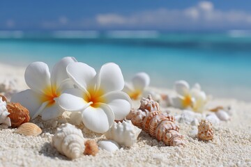 Bright plumeria and shells on tropical beachscape  
