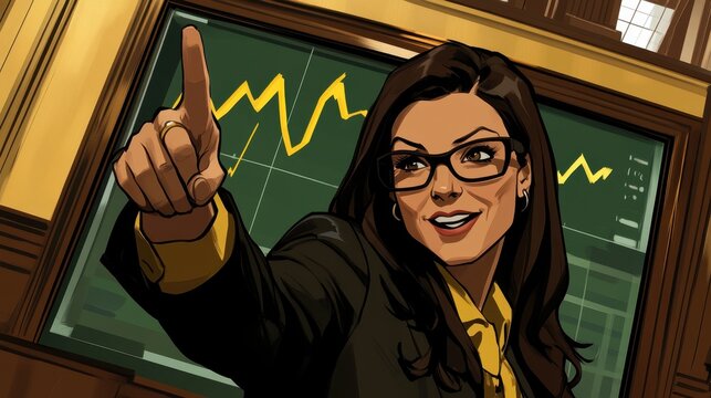 Financial Advisor Pointing at Rising Market Graph Illustration Cartoon Style Investment Analysis Business Growth Comic Book Retro Vibe