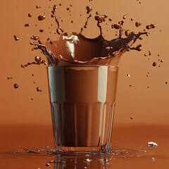 A delicious chocolate dessert drink with a sweet, brown cocoa splash in a white glass of cold milk