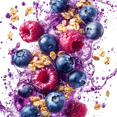 Blueberries and Rasps Falling Into Water Splash Isolated on Transparent Background