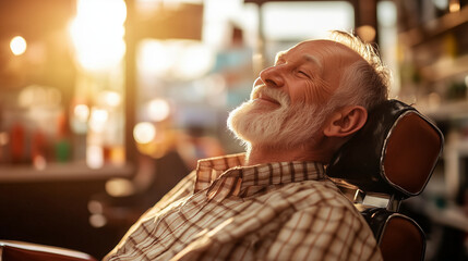Elderly man in a barber chair, warm light, blurred shop background, conveying timeless tradition and quiet reflection.