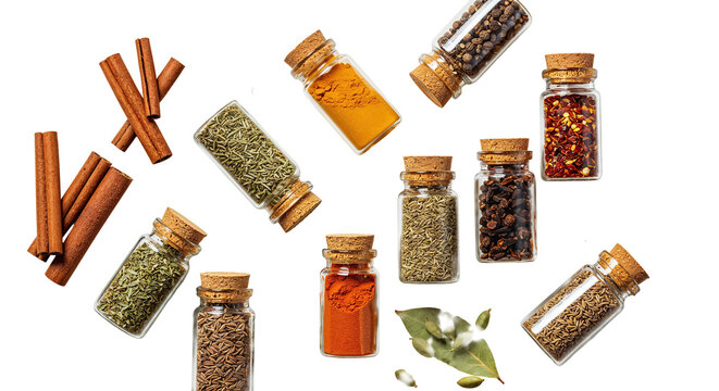 Assorted Spices and Herbs in Glass Jars on White Background