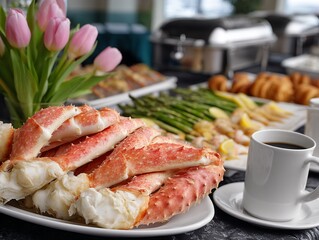 Fresh king crab legs, asparagus, pastries, and coffee at a buffet