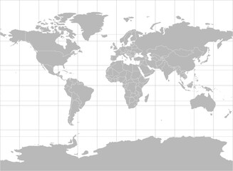 World vector map with country boundaries and graticules (Miller cylindrical projection, PPT-compatible & fully editable)