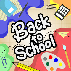 trendy school poster, backgrounds. Modern design with school supplies, education stickers, doodle. Back to school, college, study concept. Perfect for web ads, branding, flyer, banner.