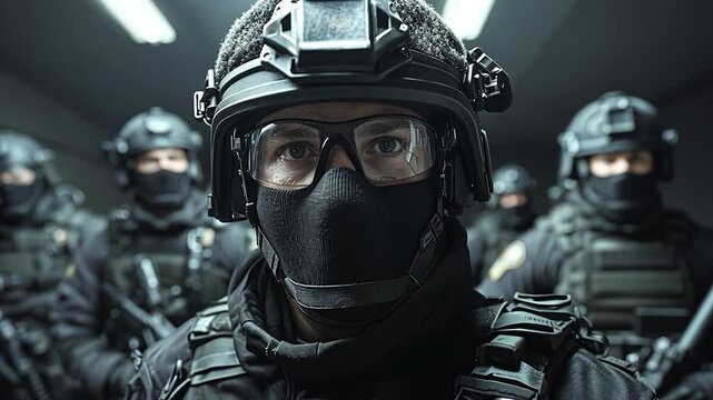 Dramatic close up of a team of fully geared swat officers in black uniforms. They wear protective eyewear and face masks. Background is a dark tunnel, creating an intense and serious atmosphere, full