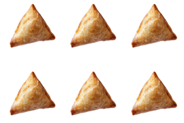 Crispy samosa triangles arranged in a grid pattern against a isolated white background