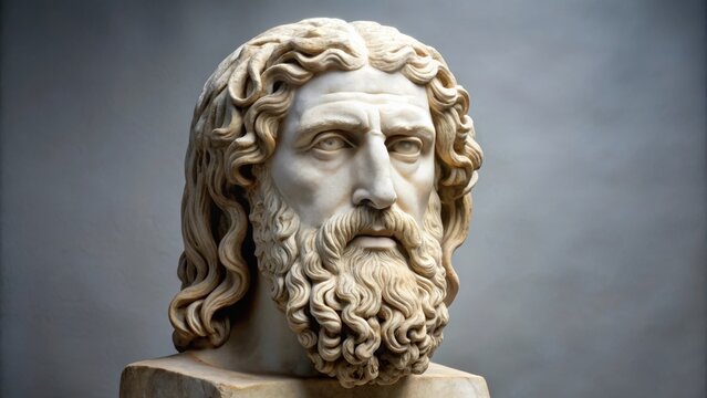 Ancient Greek sculpture of Demokritos with a beard and long hair in white marble pedestal