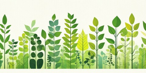 Fresh Green Leaves Delicate Watercolor Plants on White Background.